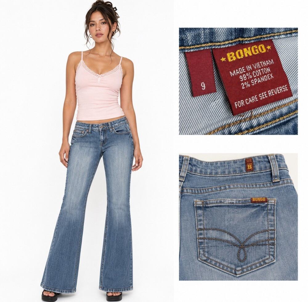 Y2K Indie Sleaze Bongo Juniors Low Rise Flare Jeans Size 9 Medium Wash Indigo